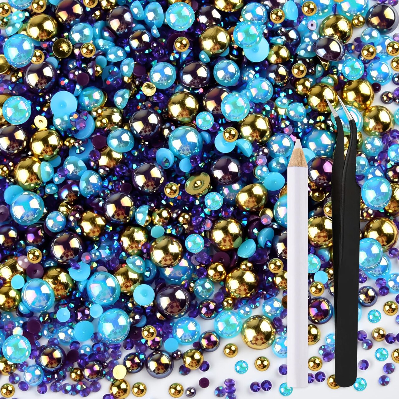 50g Mix Flatback Rhinestones Half Pearls for Crafts Mixed Size 3mm-10mm Flat Back Rhinestones for Crafts Flatback Pearls for Decorating Tumblers Mugs Nail Art Shoes (Blue Gold Series)